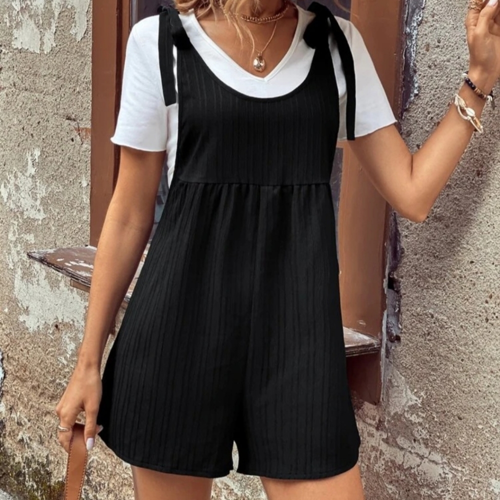 Women Summer Short Rompers Sleeveless Scoop Neck Tie Shoulder Romper Without Tee - Picture 3 of 5